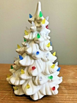 Christmas Tree Ceramic White Glaze Multi Color Lights Vtg No Base