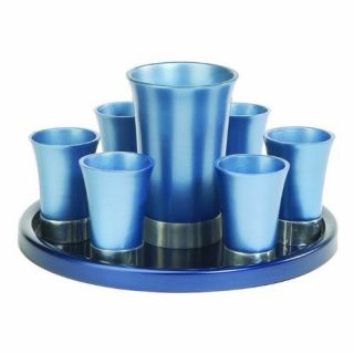 Yair Emanuel Anodized Aluminum Kiddush Set Cup Cups With Tray Blue From Israel