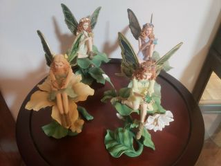 Set Of 4 Ceramic Colorful Fairy Figurines With Wing Paintings By Lena Liu
