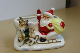Awesome Vintage Lefton Christmas Planter - Santa And Reindeer W/sleigh