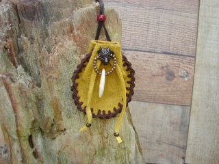 Native American Leather Medicine Bag Wolf Tooth Necklace Pouch 3 " X 2.  5 "