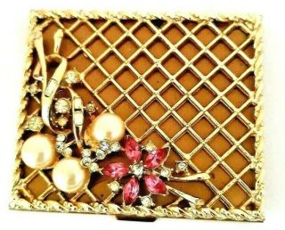 Vintage Rare By Robert Powder Compact With Pink Cut Rose Jeweled Flower