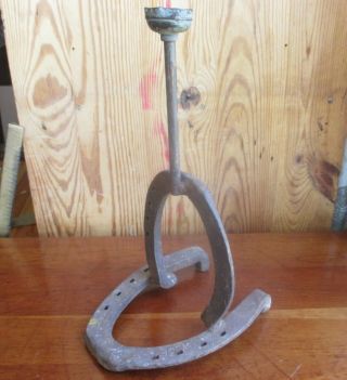 Antique Iron Horse Shoe Candle / Lamp Stand Folk Art Western Primitive Decor
