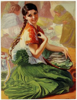 Rare Vintage 1940s Mexican Art Deco Xavier Gomez Pin - Up Print Raven Beauty Fine