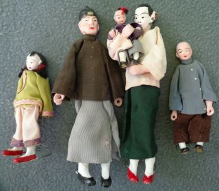 Antique Miniature Chinese Doll Family 1920s? Papier Mache Miniature Dolls