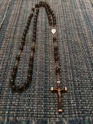 Antique Catholic Nuns 28”large Black Wood Beads Rosary Crucifix Faith Italy