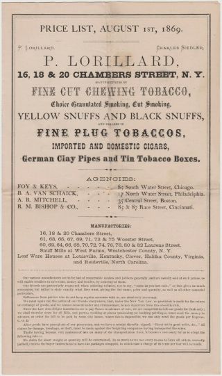 1869 P.  Lorillard Tobacco Co.  Price List - Cigars Chewing Tobacco Snuff &c 4 Pgs