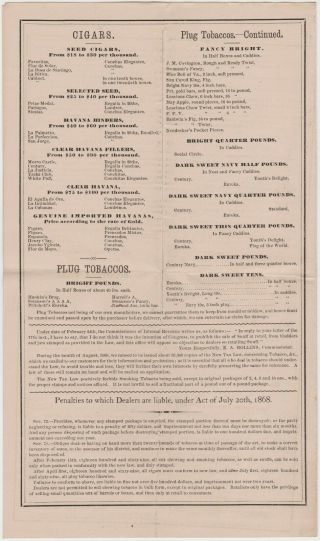 1869 P.  LORILLARD TOBACCO CO.  PRICE LIST - CIGARS CHEWING TOBACCO SNUFF &c 4 pgs 4