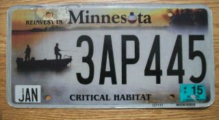 Single Minnesota License Plate - 2015 - 3ap445 - Critical Habitat