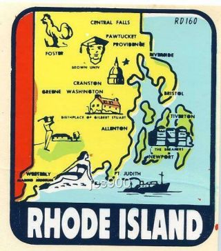 Vintage Rhode Island State Map Souvenir Travel Decal Waterslide Sticker