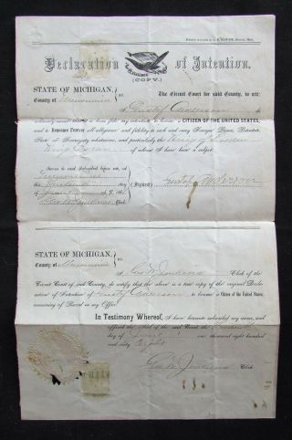 1868 State Of Michigan Citizenship Form - Menominee County - Swedish Immigrant