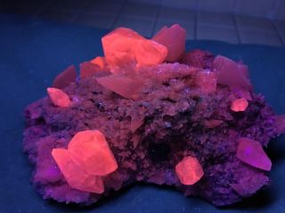 Kb: Bright Fl.  Red Sw Sharp Calcite Xls.  From Hubei Province,  China