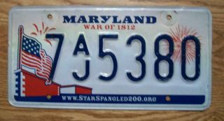 Single Maryland License Plate - 2010 - 7aj5380 - War Of 1812