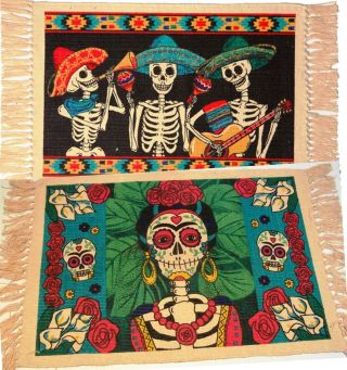 Placemats (set Of 2) Day Of The Dead Mariachis & Frida Cotton Stencil 13 " X19 "