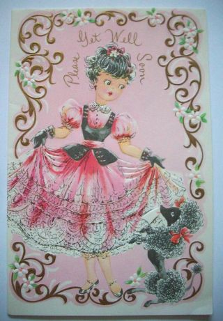 Pretty Girl With Black Poodle Get Well Vintage Greeting Card 3q
