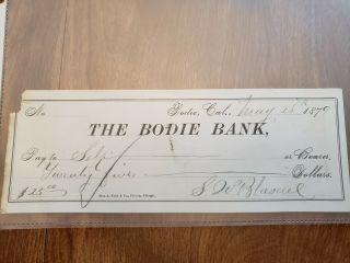 1879 - Check Drawn On The Bank Of Bodie By S.  W.  Blasdel