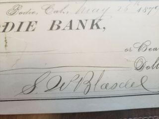 1879 - CHECK DRAWN ON THE BANK OF BODIE BY S.  W.  BLASDEL 3