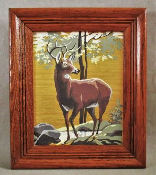 Vintage Framed Paint By Number Deer Buck Autumn Leaves Painting Mid Century Mod