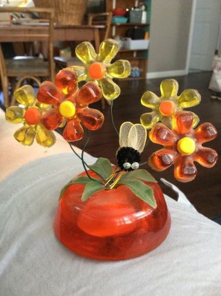 Vtg Retro Groovy Mod Lucite/acrylic Art Sculpture Orange Yellow Flowers & Bee Us