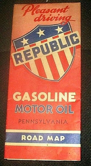 Vintage And Rare Paper Road Map Of Pennsylvania Republic Gas Motor Oil 1930 