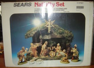 Vintage Sears Nativity Set 97901 Complete Made In Italy Music Box Wood Manger
