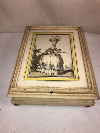 Vtg Wood Vanity Make Up Jewelry Trinket Box French Provincial Dress Lady Picture