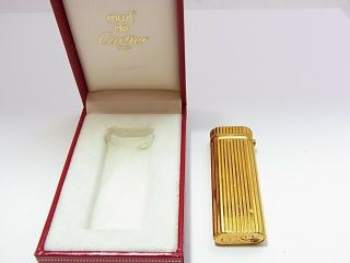 Cartier Gas Lighter 1p Jewel Oval Plaque Or G Gold Godron Stripe Plated W/box