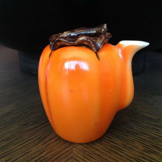 Vtg Japanese Chinese Asian Ceramic Orange Persimmon Gourd Tea Pot Caddy Signed