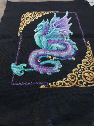 Completed Cross Stitch Blue Purple Gold Dragon Sparkles Black Finished