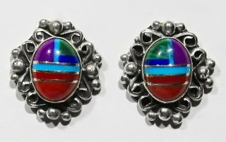Signed Zuni 925 Silver Turquoise Coral Sugulite Lapis Oyster Mala Inlay Earrings