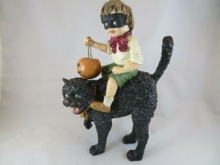 Bethany Lowe Halloween Boy Wearing Mask Riding A Black Cat Holding A Pumpkin