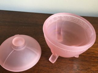 1930 ' s Art Deco Depression Glass Pink Frosted Powder Dish with Lid for Vanity 8