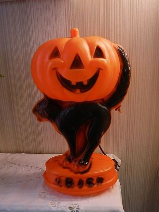 Vintage Halloween Blow Mold Black Cat W Jack O Lantern On Its Back " Trick " Treat