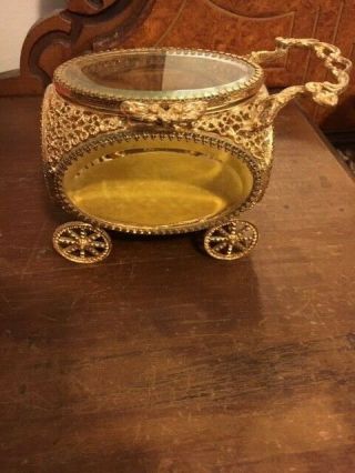 Vintage Gold Filigree Bevelled Glass Carriage Or Buggy Shaped Jewelry Box