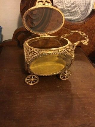 Vintage Gold Filigree Bevelled Glass Carriage or Buggy Shaped Jewelry Box 2