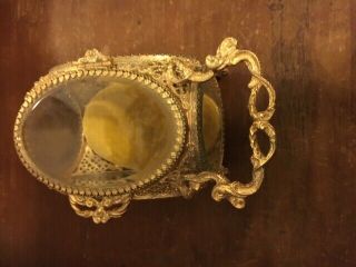 Vintage Gold Filigree Bevelled Glass Carriage or Buggy Shaped Jewelry Box 3