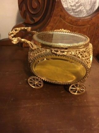 Vintage Gold Filigree Bevelled Glass Carriage or Buggy Shaped Jewelry Box 4