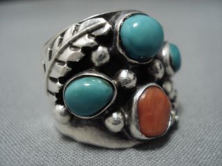 Big Vintage Navajo Native American Turquoise Coral Sterling Silver Ring Old
