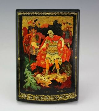 Russian Black Red Lacquered Painted Folk Lore Fairy Tale Jewelry Storage Box Jef
