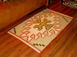 Old NAVAJO NAVAHO Indian Rug/Weaving.  Center Cross/Stepped Design.  Good Cond 7