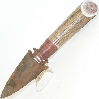 Medium Flint Knapped Agate Knife W/ Antler Handle Stone Arrowhead Blade