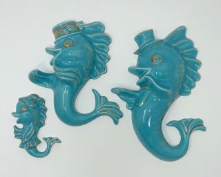Vtg Anthropomorphic Turquoise Gold Ceramic Fish Family Top Hat Wall Hangings Euc