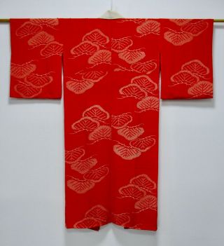 Japanese Kimono Silk Antique Juban / Red / Pine / Silk Fabric /492