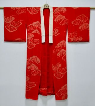 JAPANESE KIMONO SILK ANTIQUE JUBAN / RED / PINE / SILK FABRIC /492 2