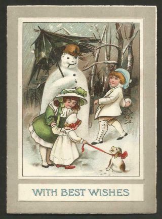 J09 - Children With Dog And Snowman - Vintage 1920s - 30s Folding Xmas Card