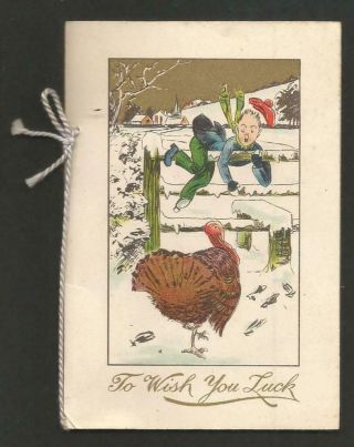 J08 - Comical Boy Scared Of Turkey - Vintage 1920s Folding Xmas Card