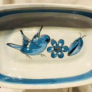 Vintage Tonala Mexico Pottery Blue Bird Flowers Oblong Serving Bowl Crazing
