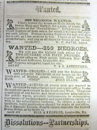 1860 Pro - Slavery Kentucky Pre Civil War Newspaper Louisville Courier W Slave Ads