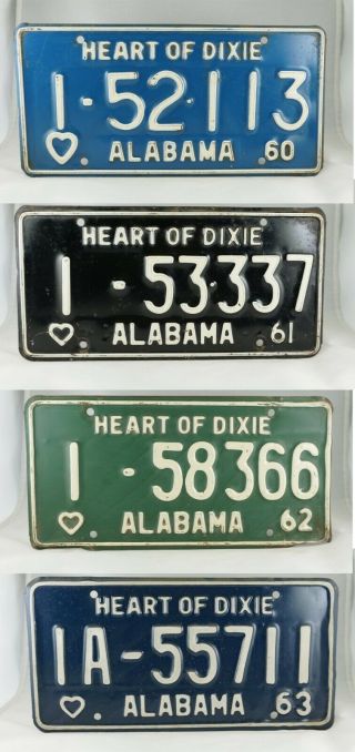 1960 - 1963 Alabama Passenger License Plates - 4 Year Run - Vg To