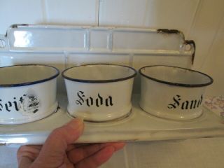 Vintage Set Of 3 Blue & White Enamelware,  Sand - Soda - Soap (seife) With Hanger